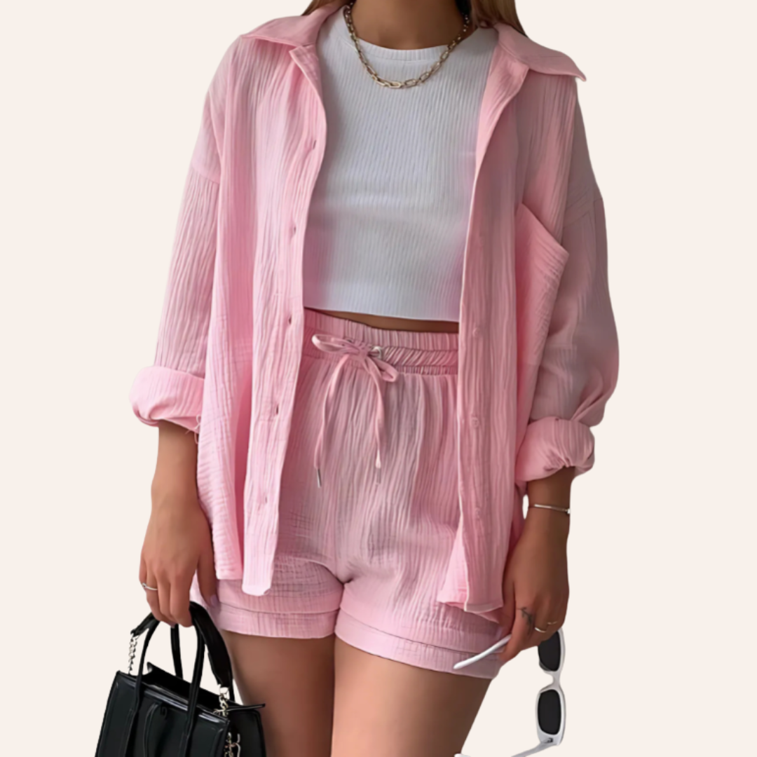 Moore - Textured Button-Up Shorts Set