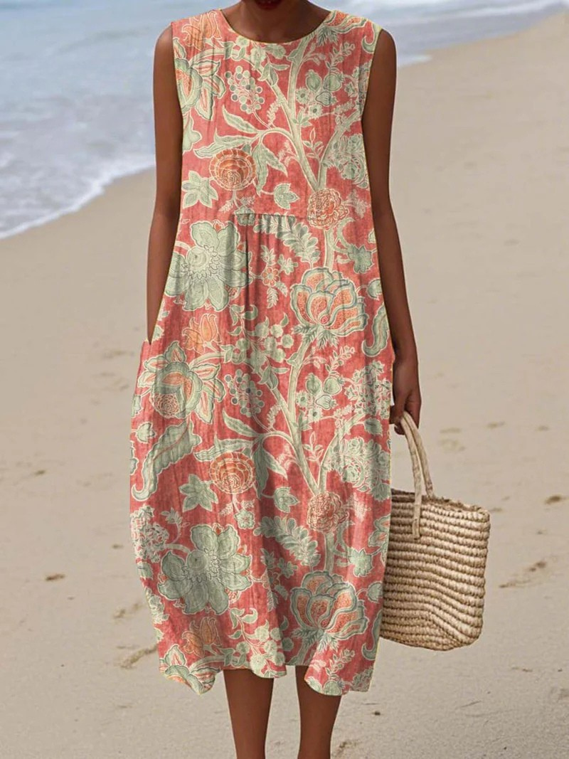 Moore | Women's Sleeveless Wrap Dress with Vintage Floral Art Print and Pockets